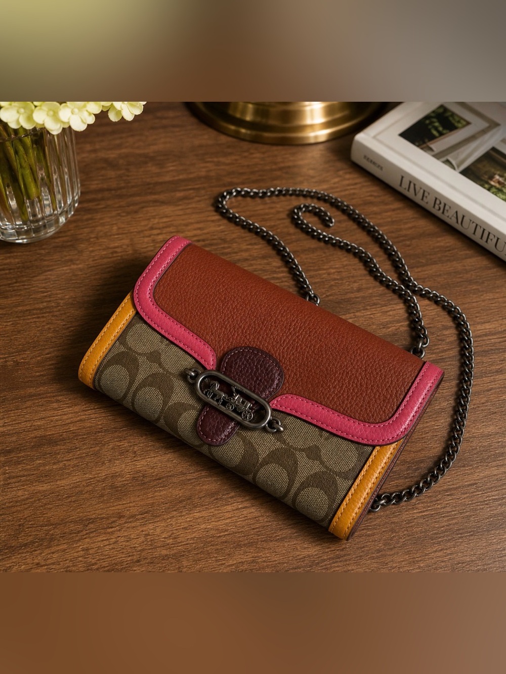 Coach Colorblock Signature Canvas Chain Crossbody - Brown/Pink/Tan/Yellow.